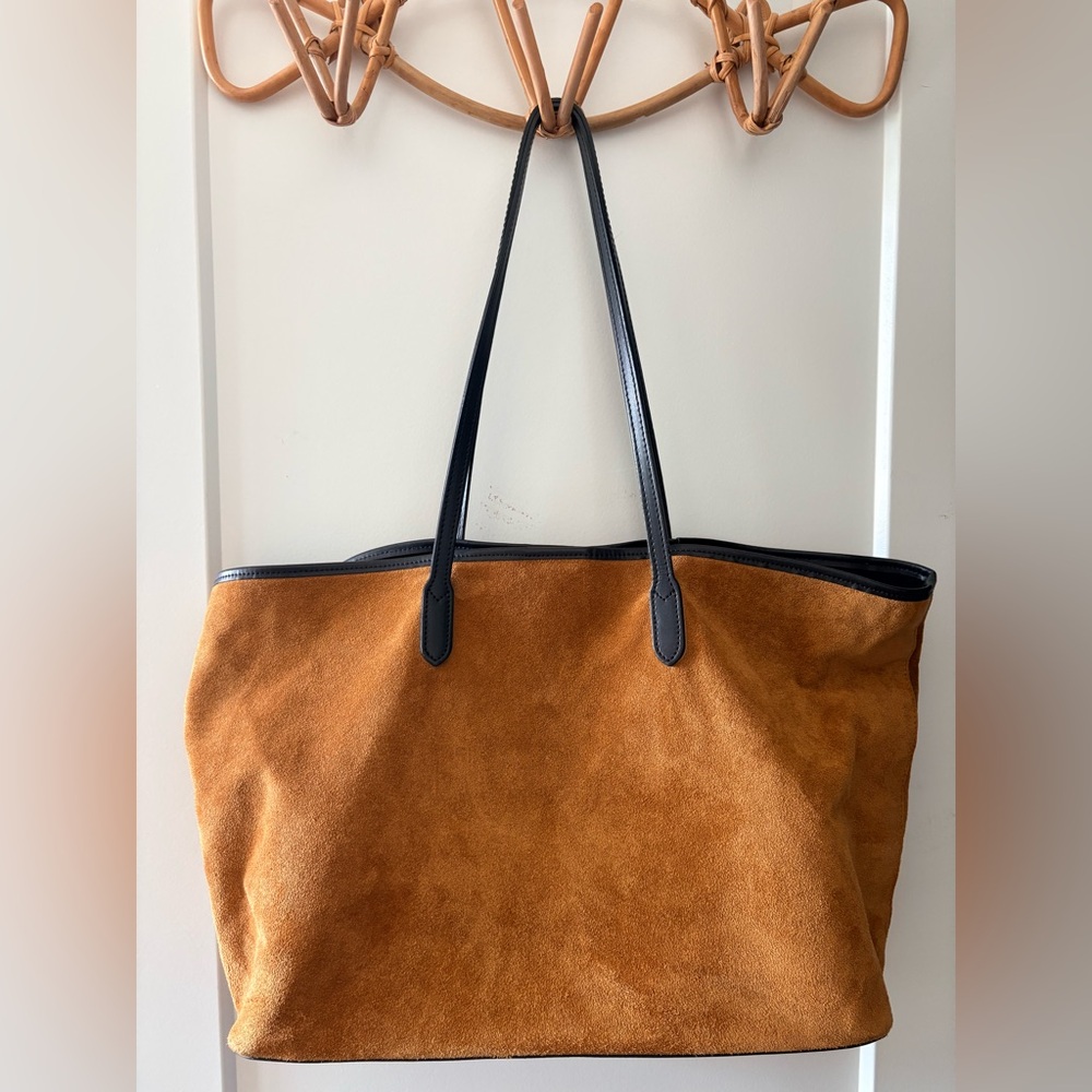Stylish Tan Suede Tote Bag with Black Handles